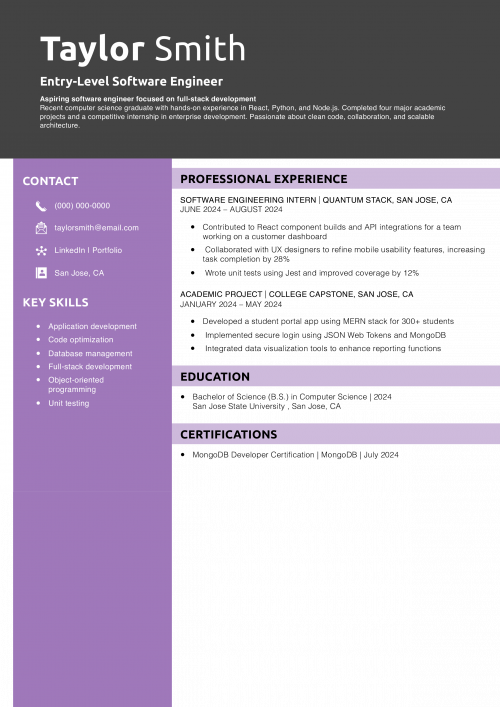 Entry-Level Software Engineer Resume Example 