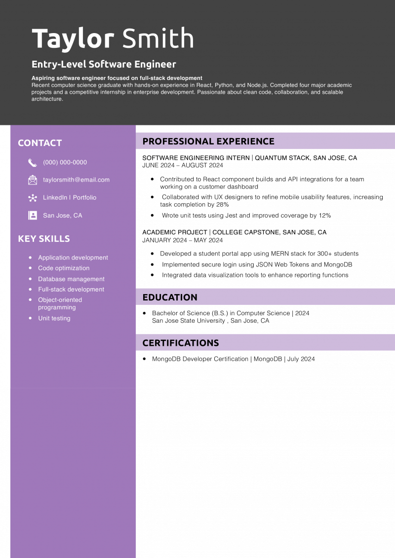 Entry-Level Software Engineer Resume Example 