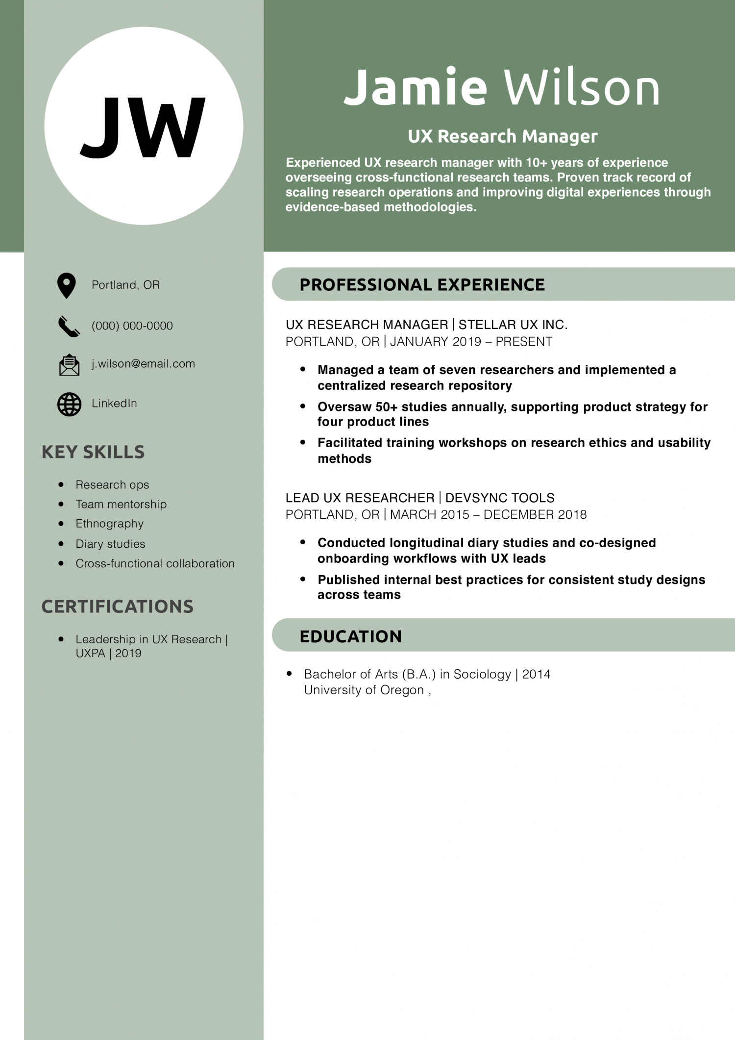 UX Research Manager Resume Example