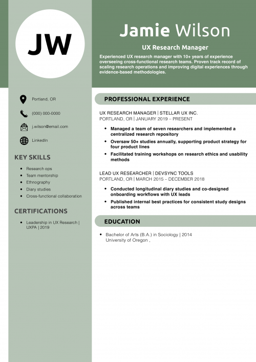 UX Research Manager Resume Example
