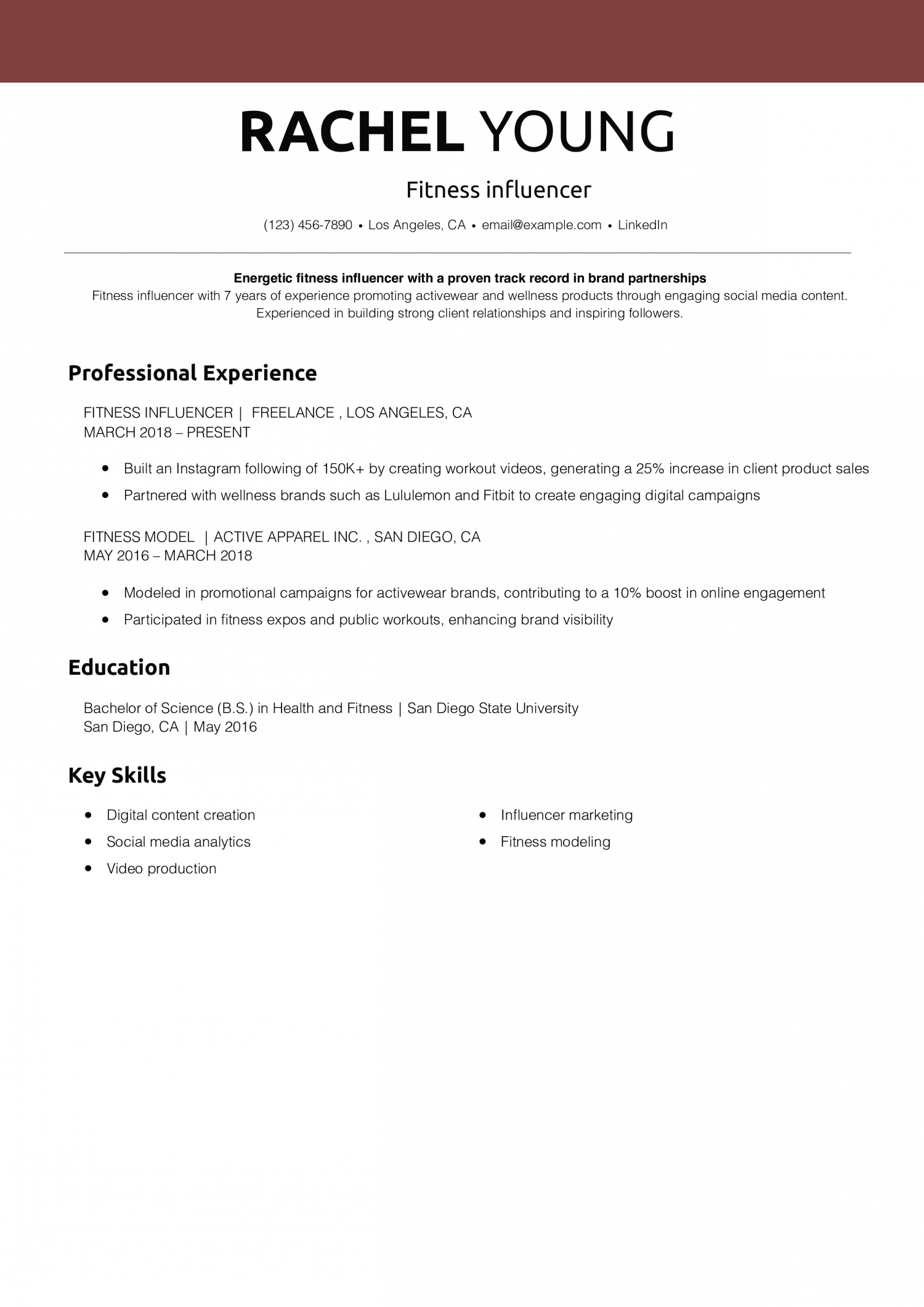Fitness influencer resume