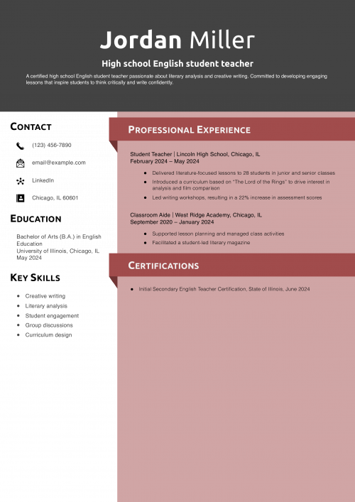 High school English student teacher resume