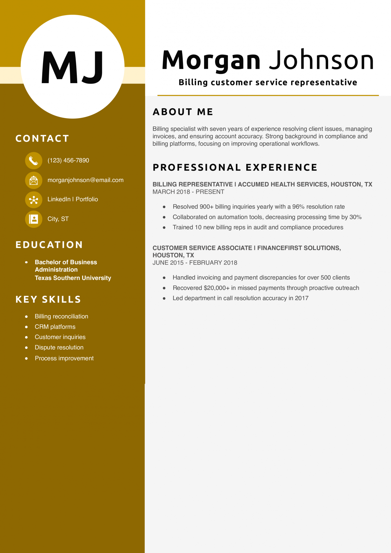 Billing customer service representative resume