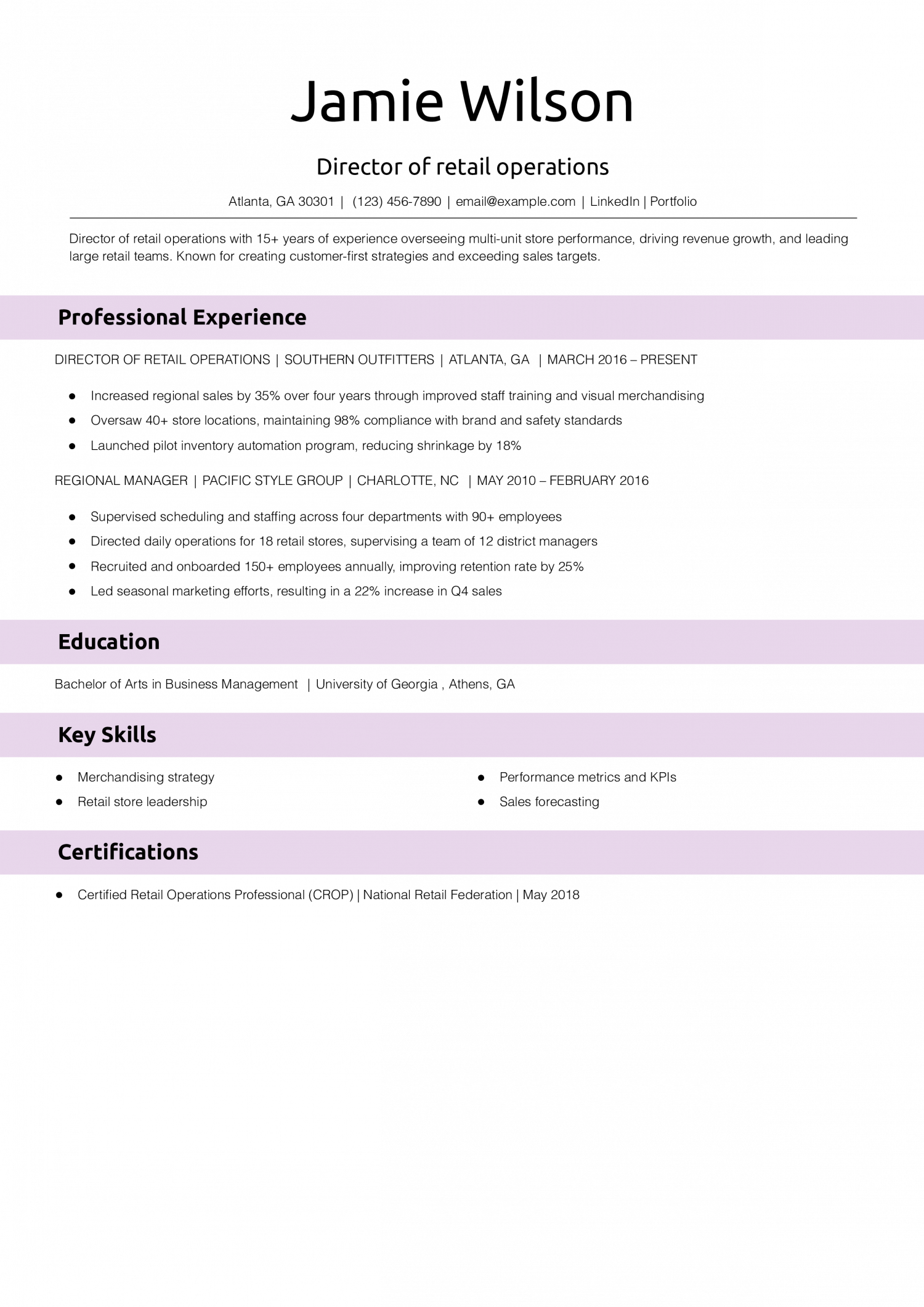 Director of retail operations resume example 