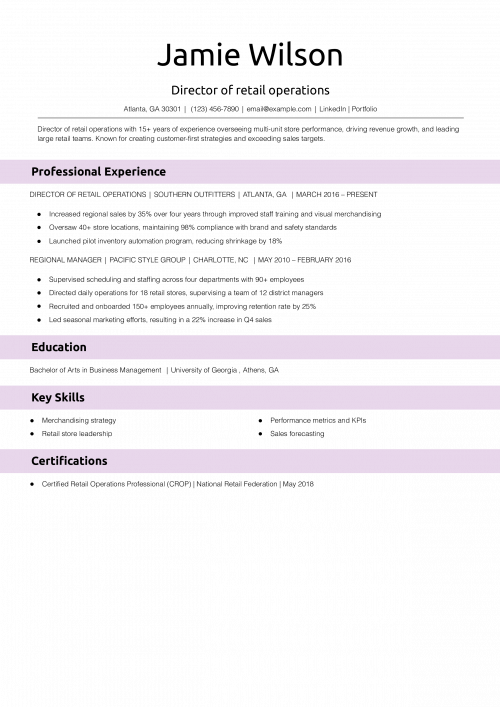 Director of retail operations resume example 