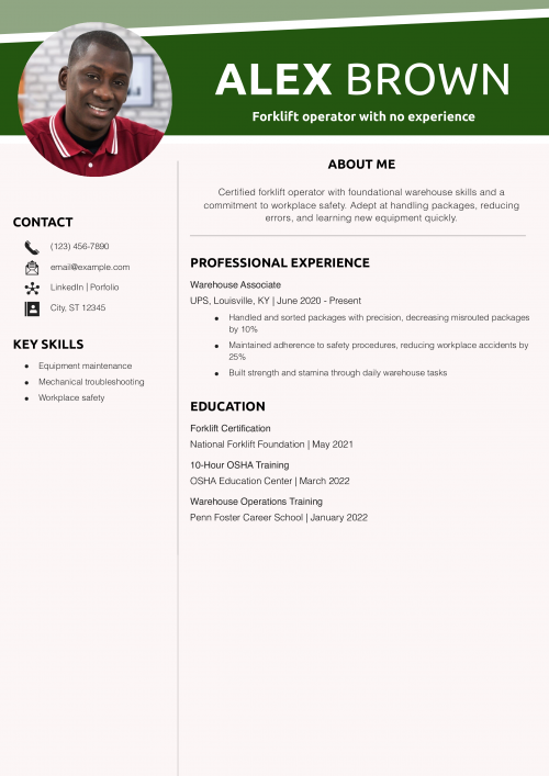 Forklift operator with no experience resume example