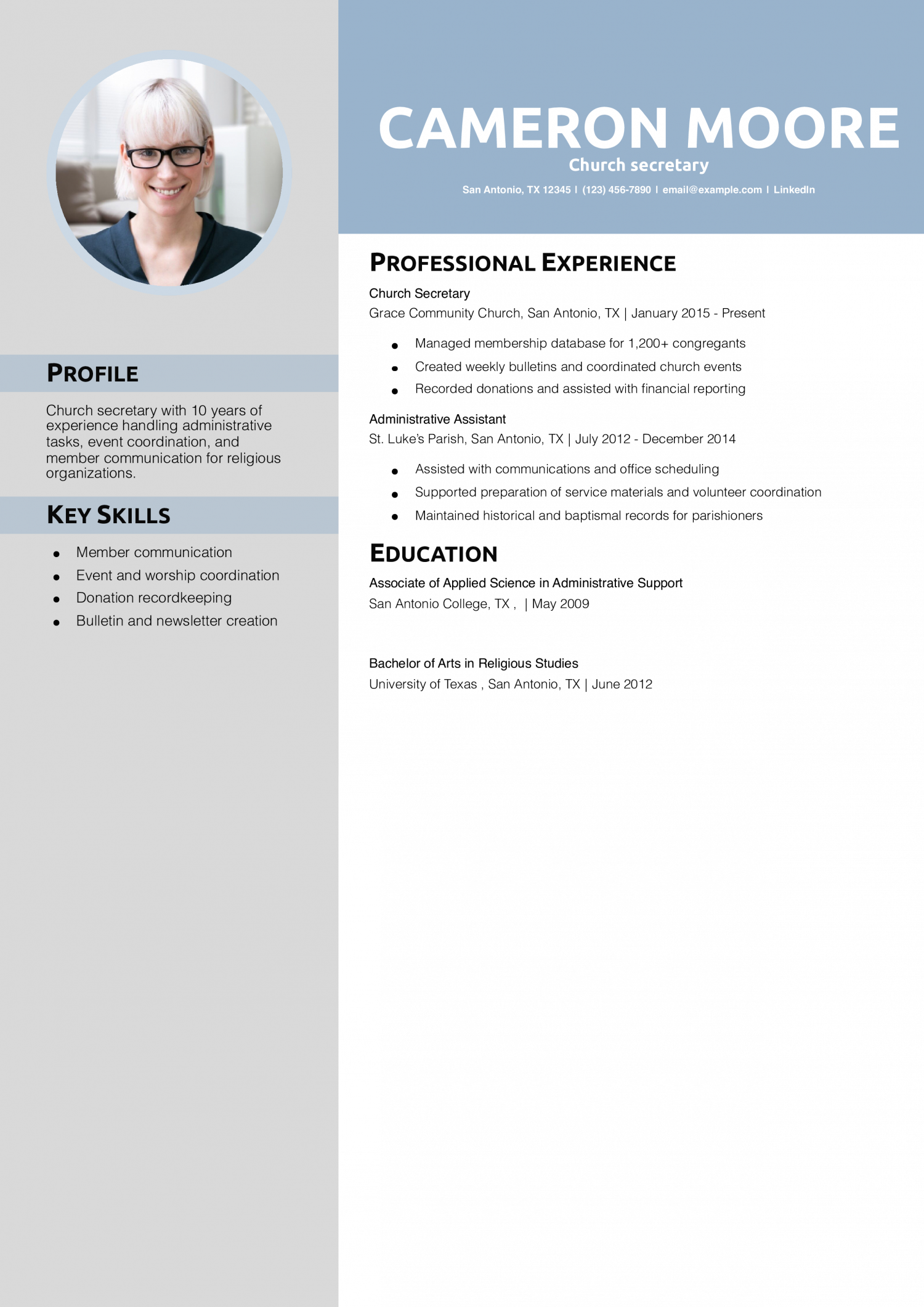 Church secretary resume example