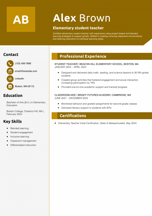 Elementary student teacher resume example