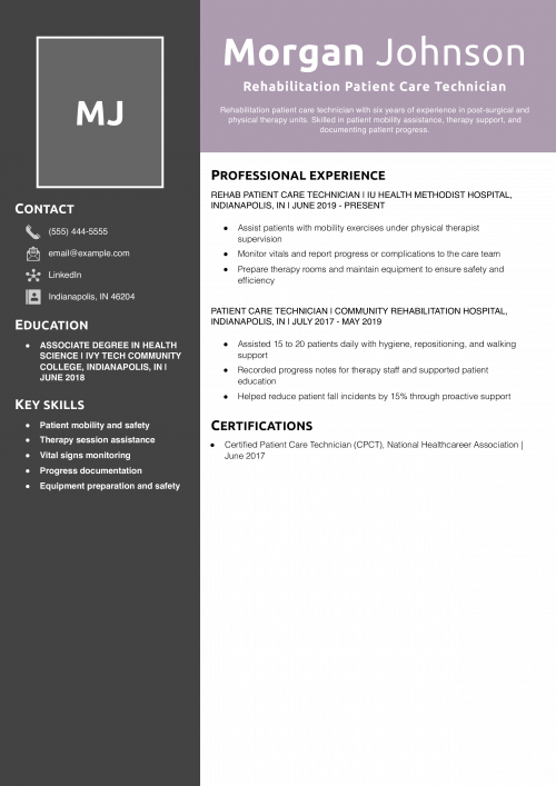 Rehabilitation Patient Care Technician Resume Example