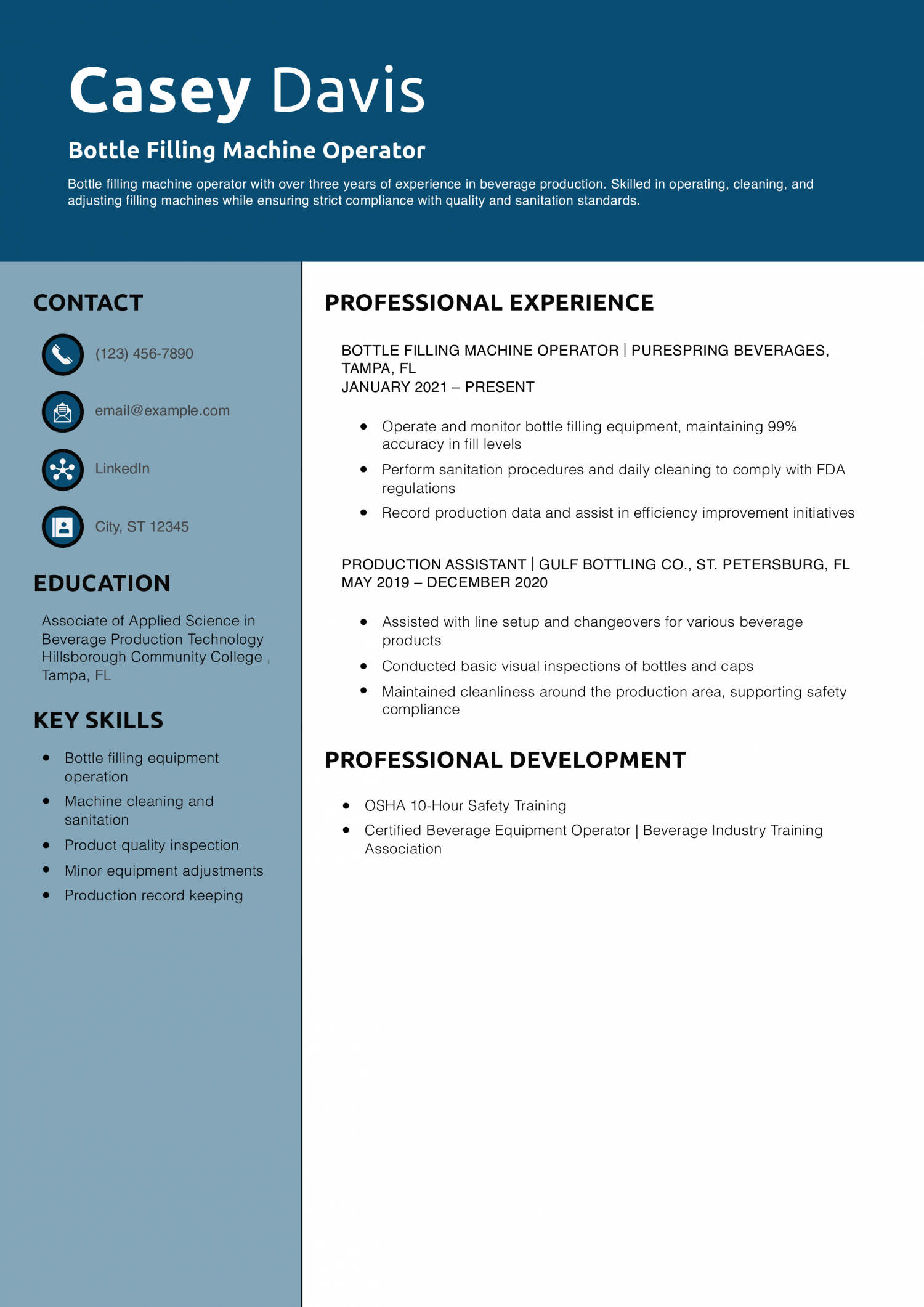 Bottle Filling Machine Operator Resume Example
