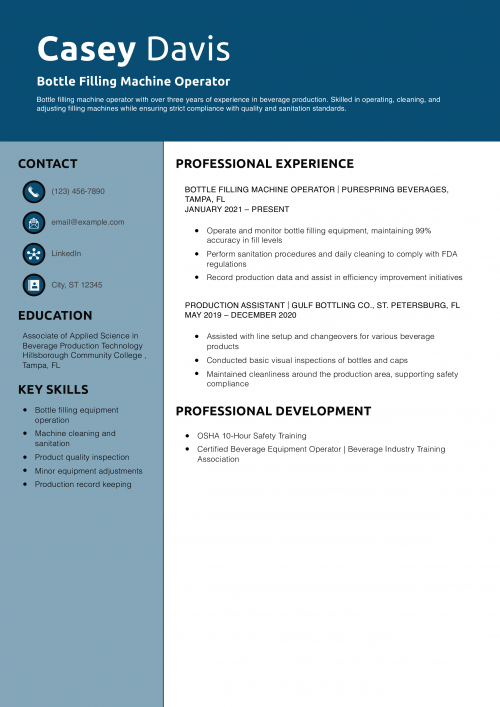 Bottle Filling Machine Operator Resume Example 