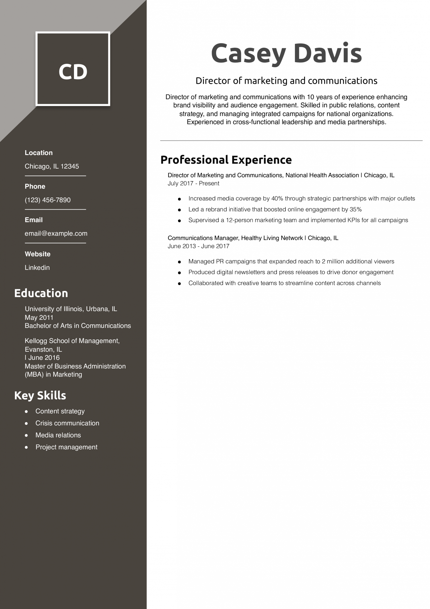 Director of marketing and communications resume example