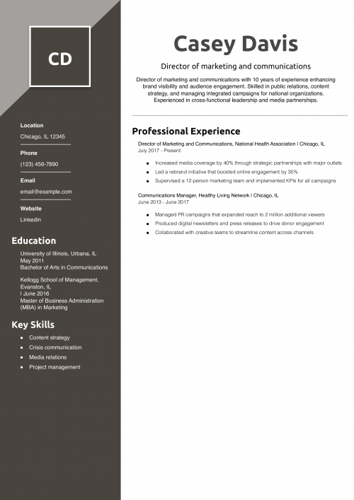 Director of marketing and communications resume example