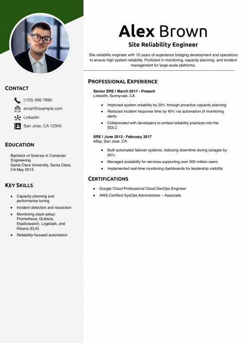Site Reliability Engineer Resume Example