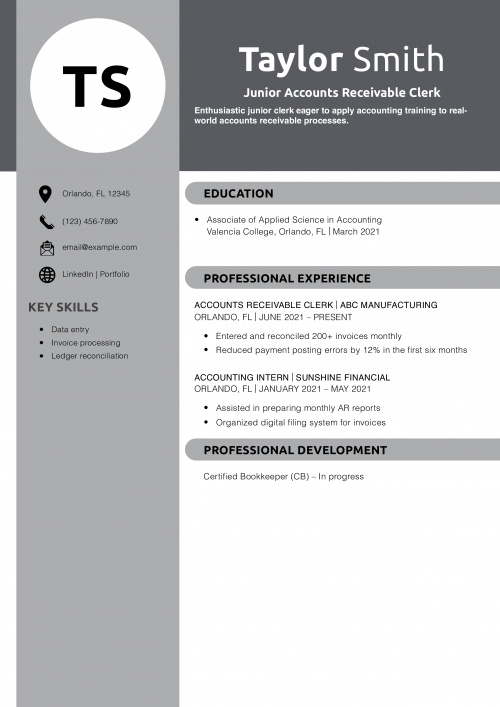 Junior Accounts Receivable Clerk Resume Example