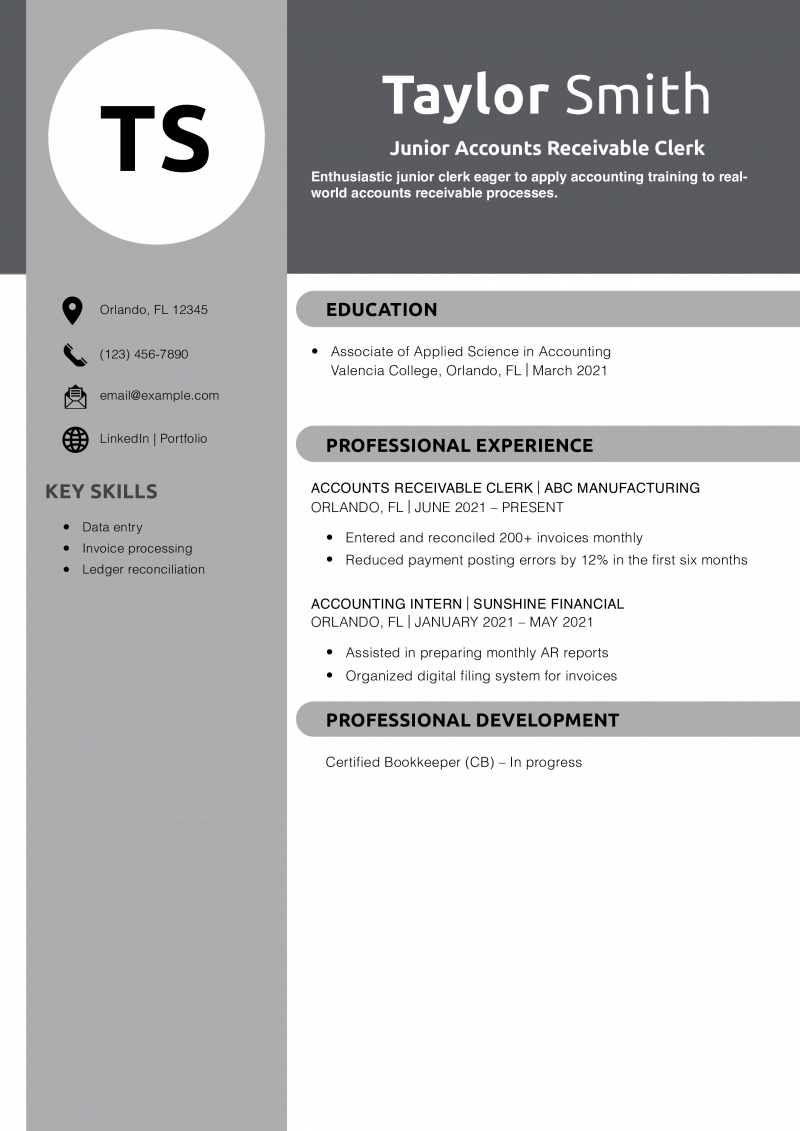 Junior Accounts Receivable Clerk Resume Example