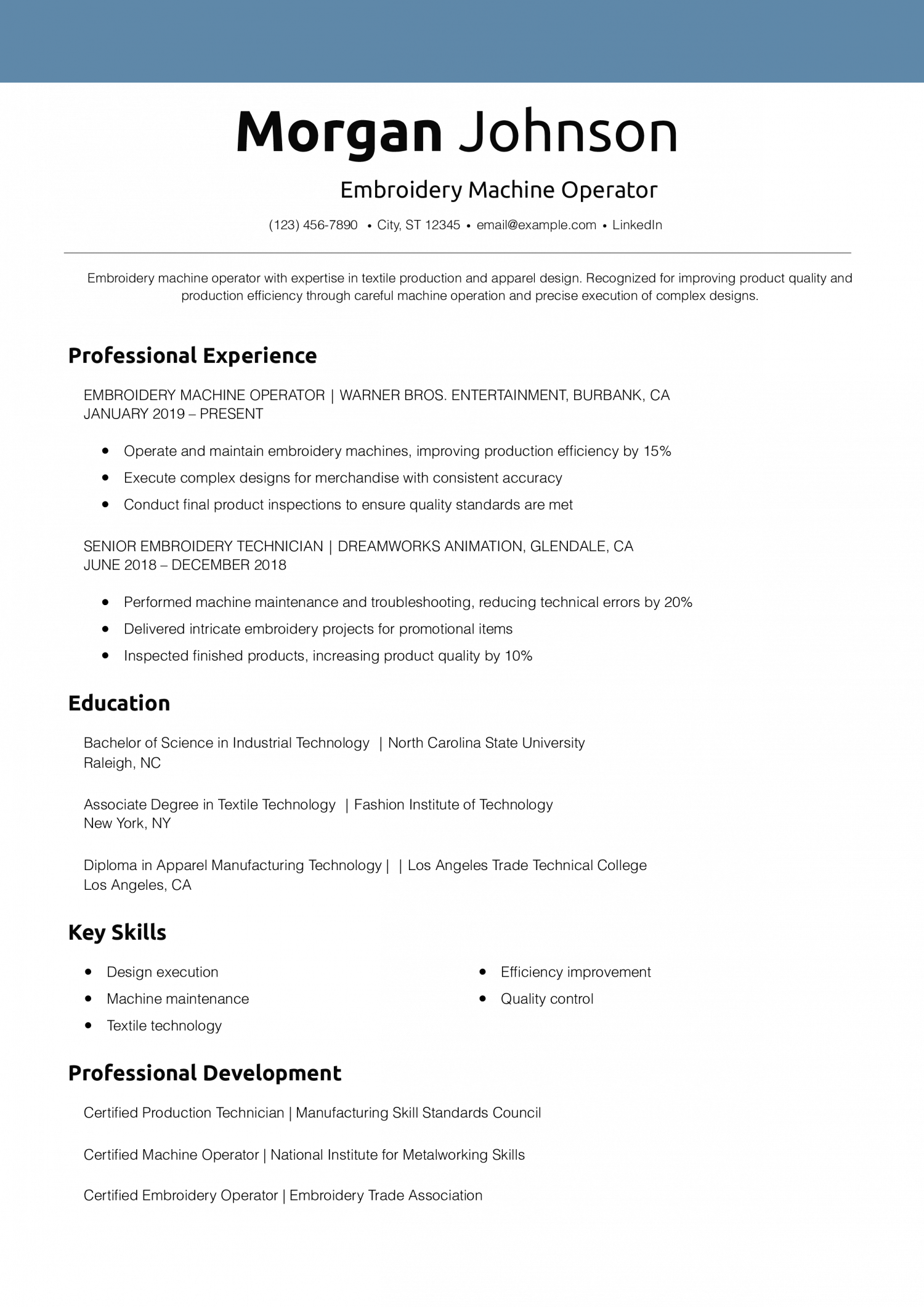Embroidery Machine Operator Resume Example