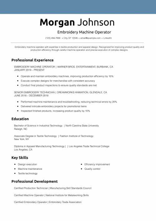 Embroidery Machine Operator Resume Example 