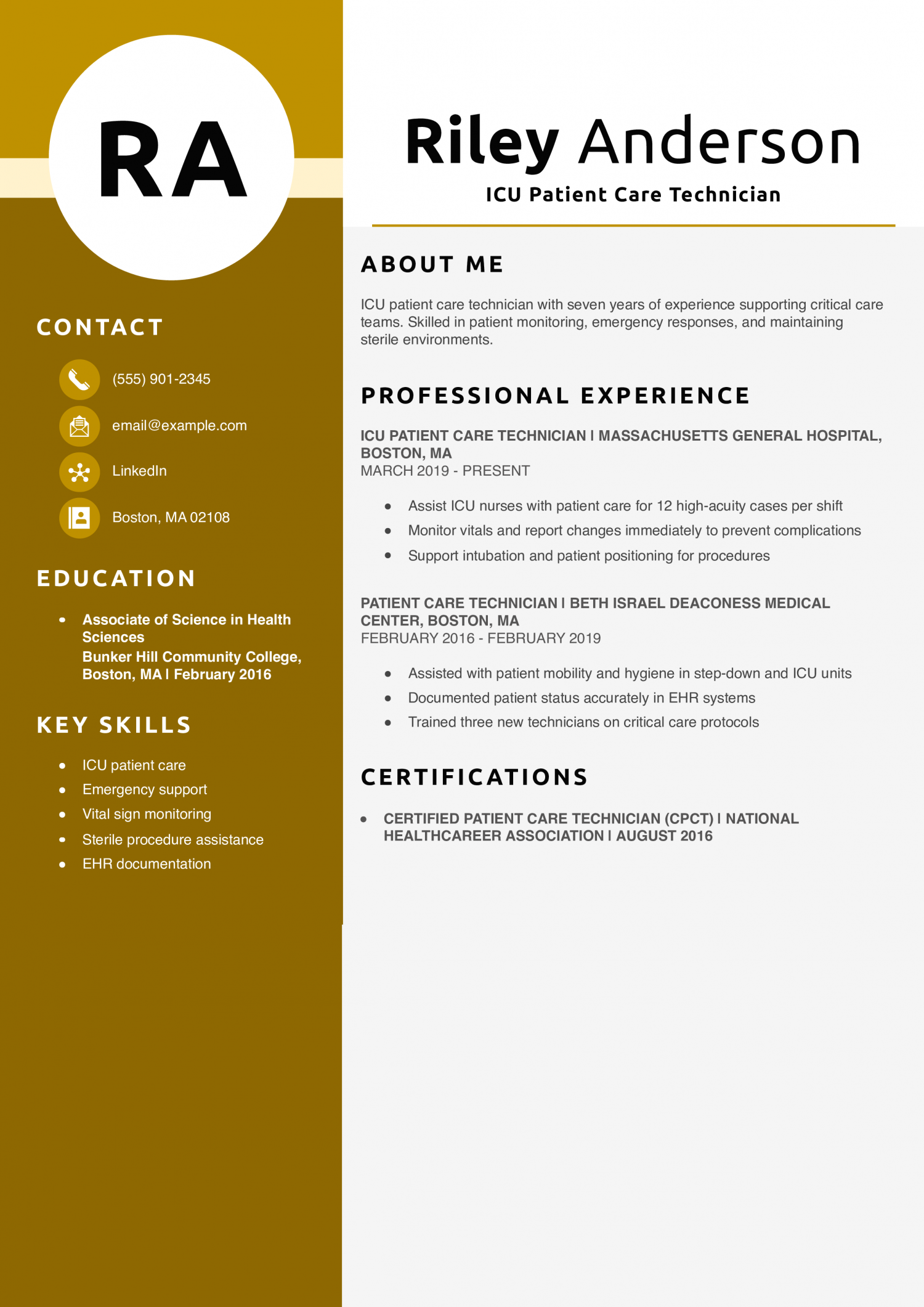 ICU Patient Care Technician Resume Example