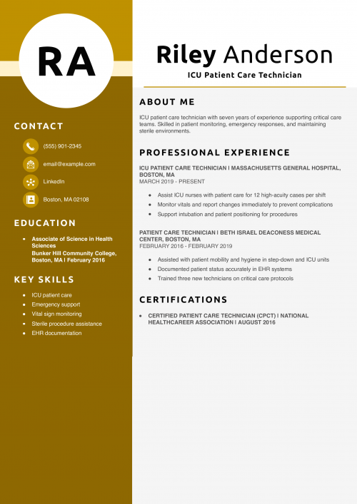 ICU Patient Care Technician Resume Example