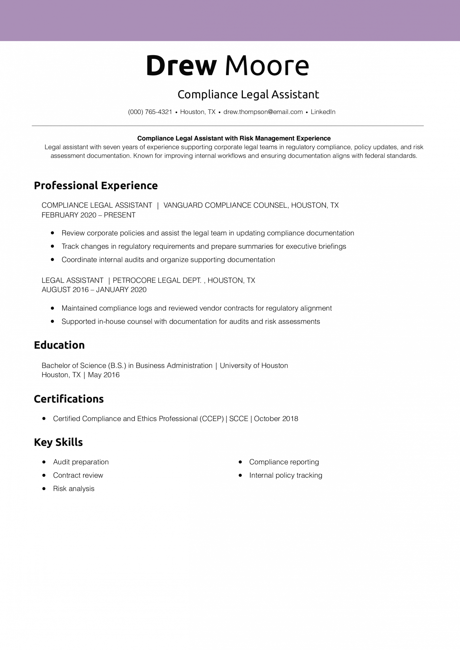 Compliance Legal Assistant Resume