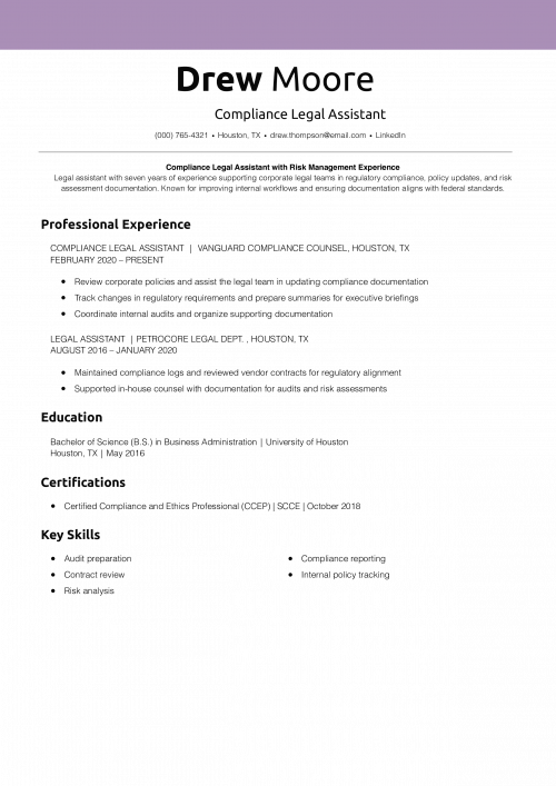 Compliance Legal Assistant Resume