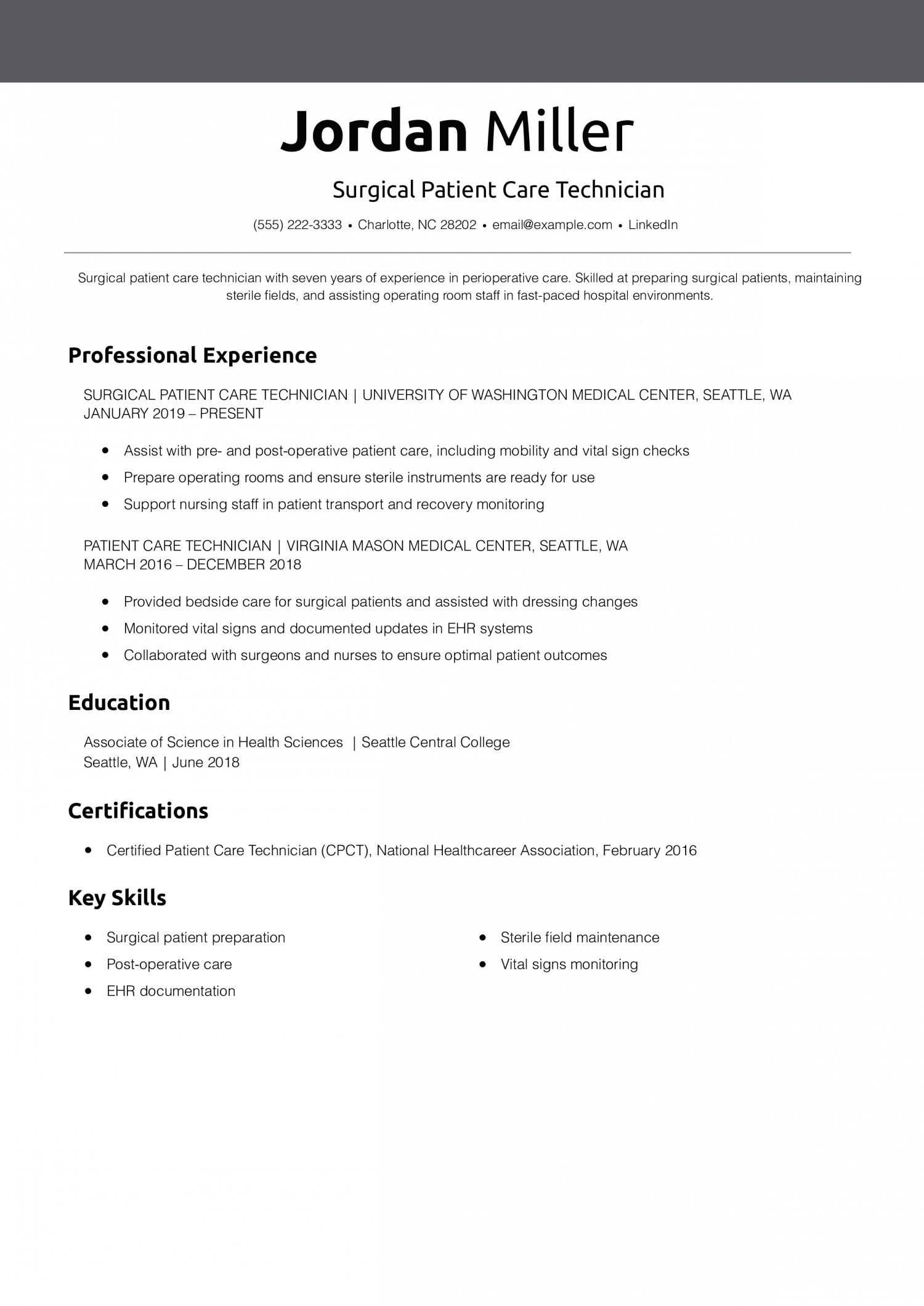 Surgical Patient Care Technician Resume Example