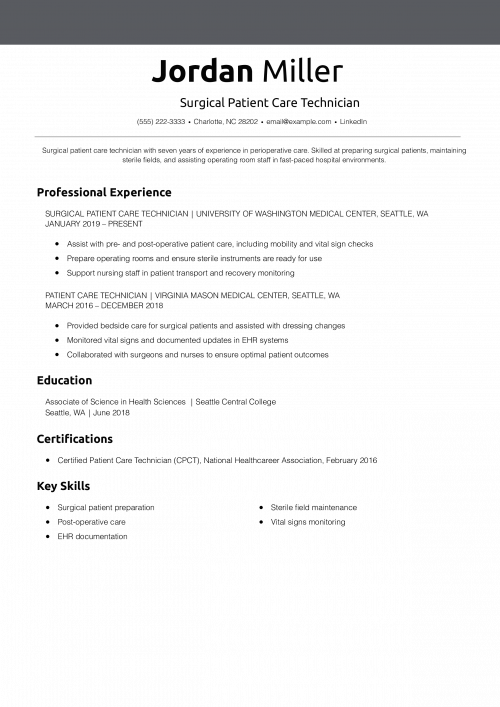 Surgical Patient Care Technician Resume Example