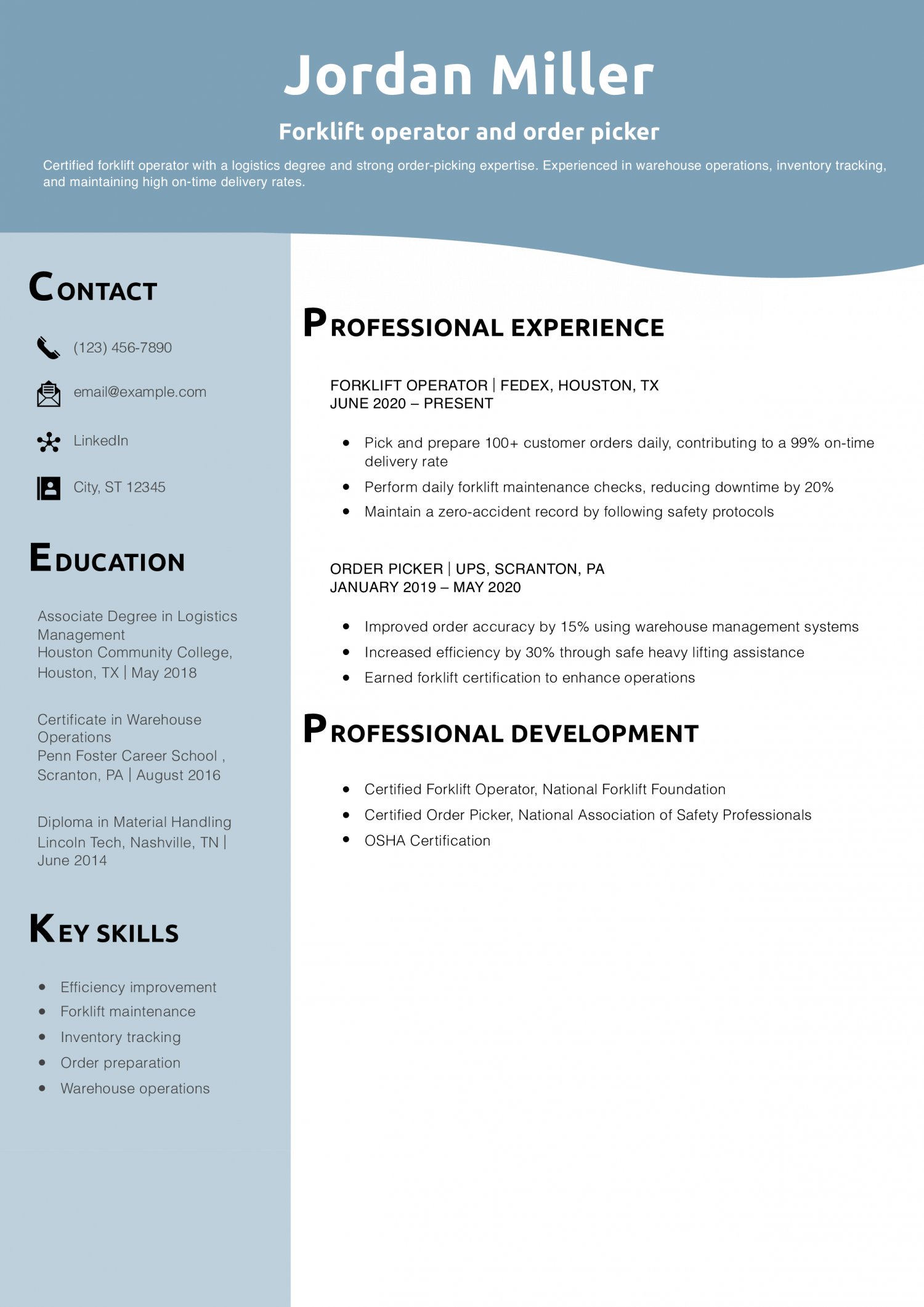 Forklift operator and order picker resume example