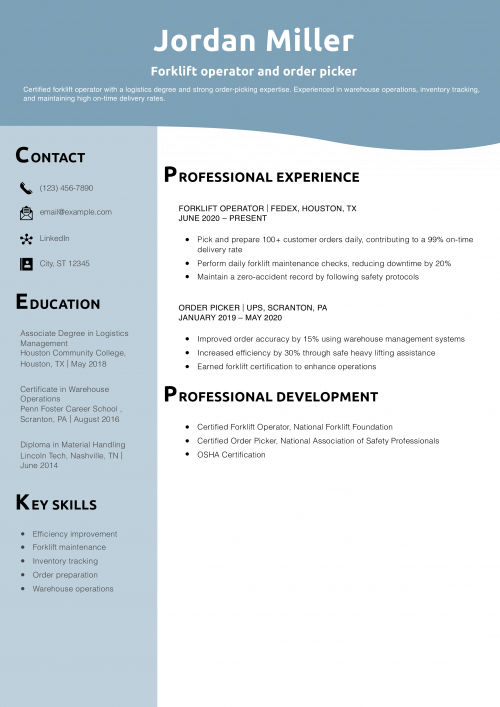 Forklift operator and order picker resume example