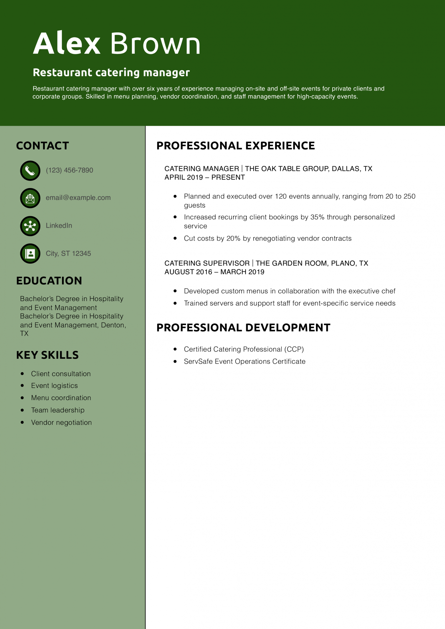 Restaurant catering manager resume example