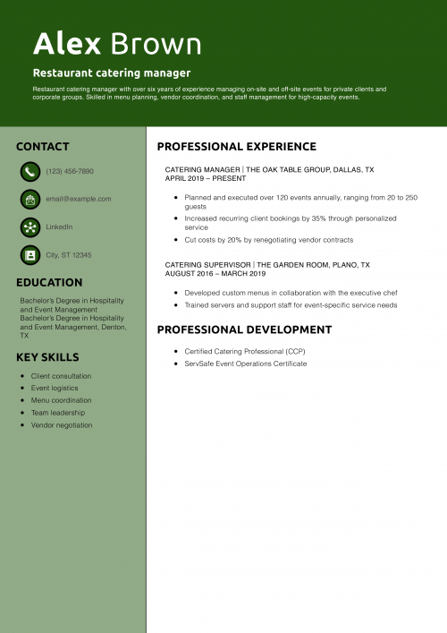 Restaurant catering manager resume example