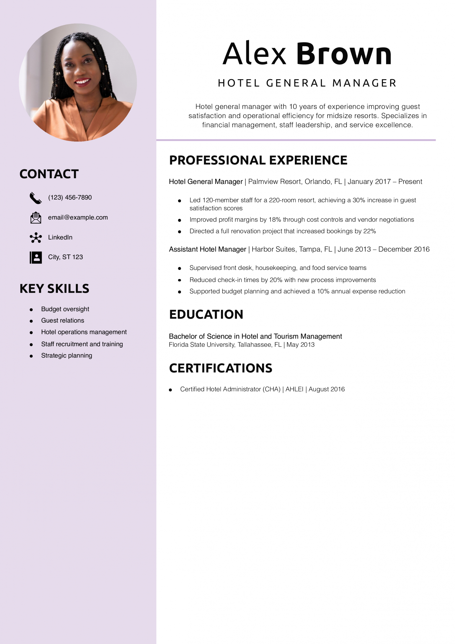 Hotel General Manager Resume Example