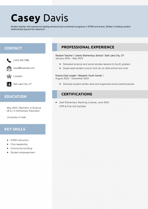 Student teaching resume with extracurriculars