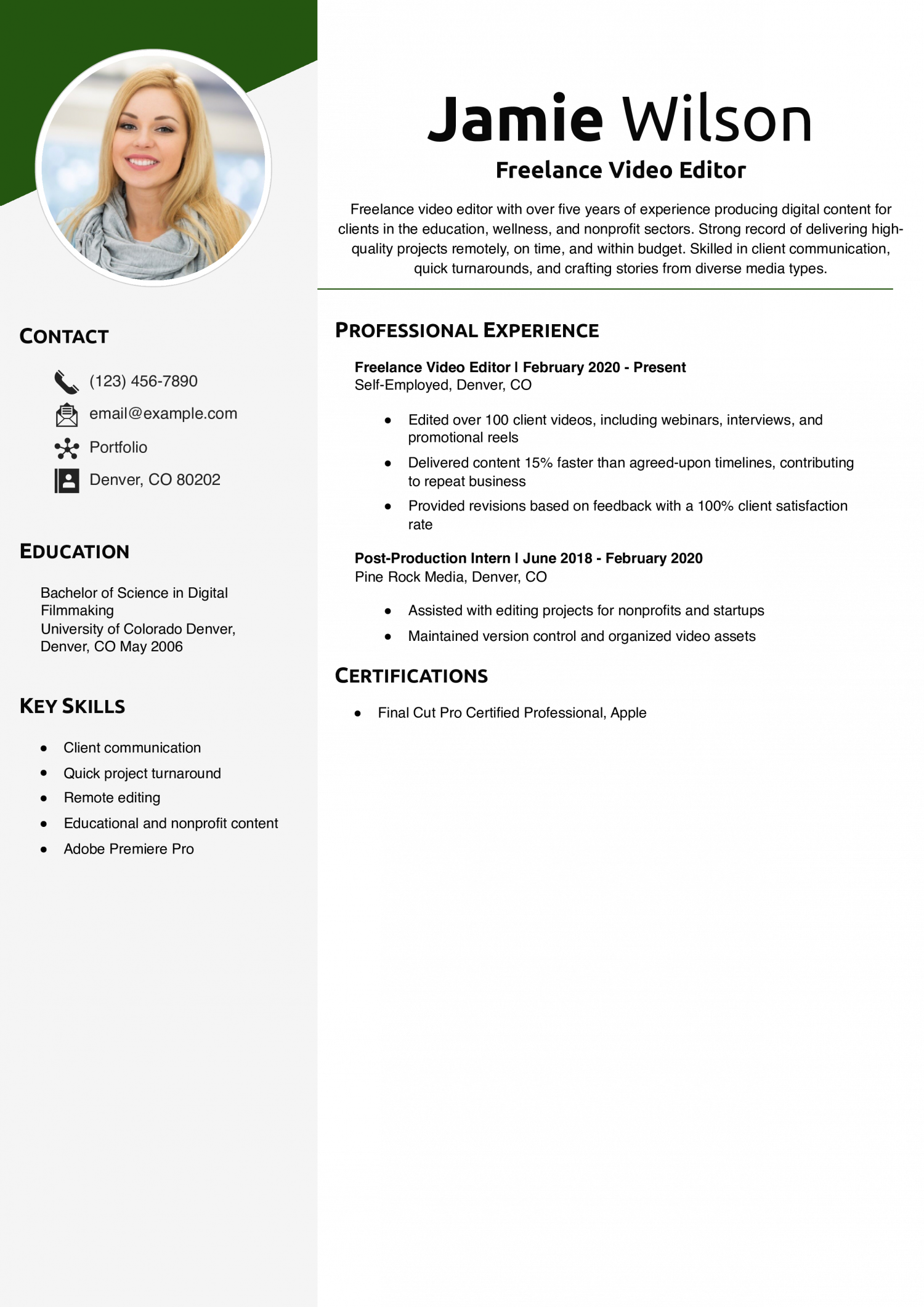 Freelance Video Editor Resume Example