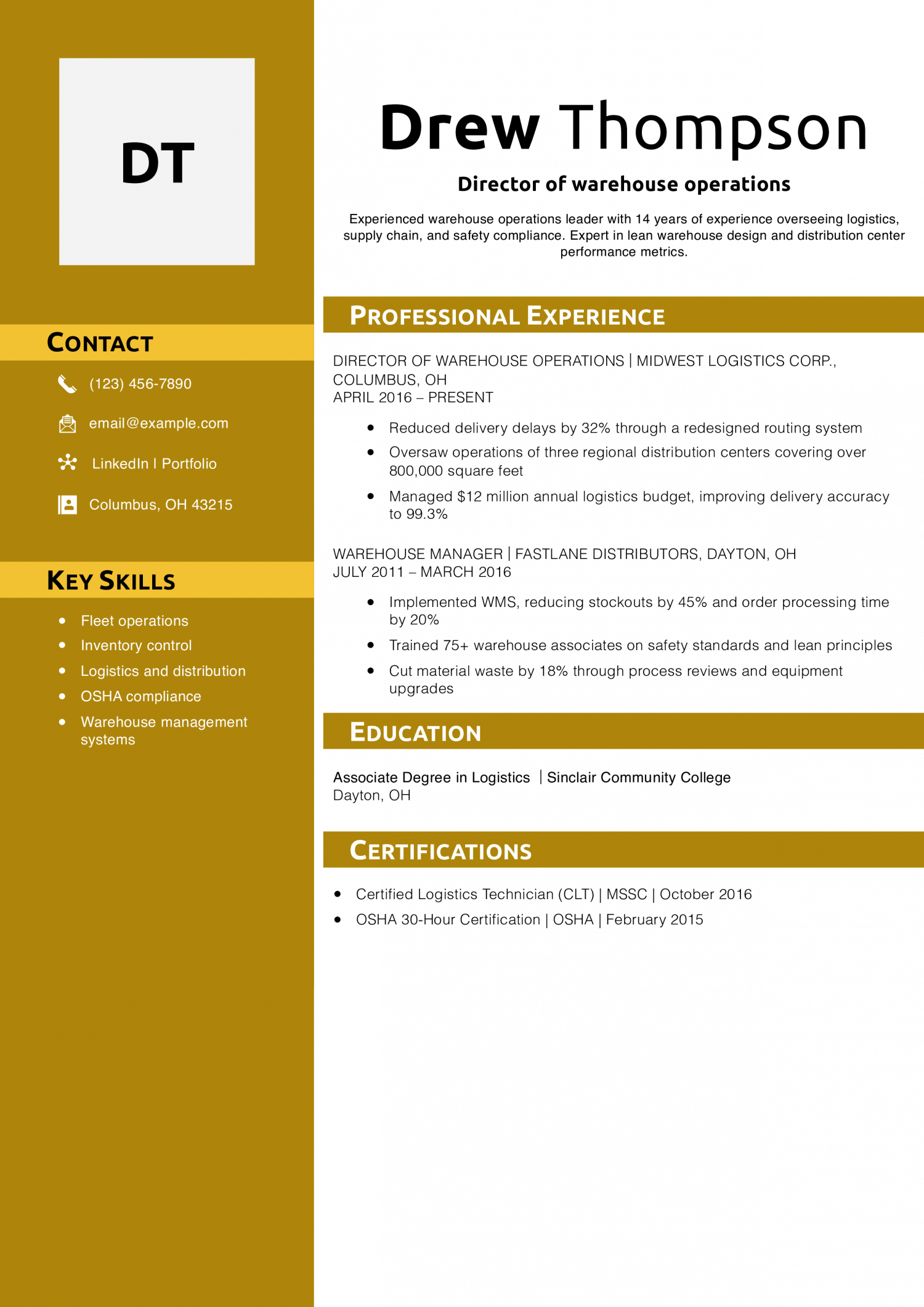 Director of warehouse operations resume example 