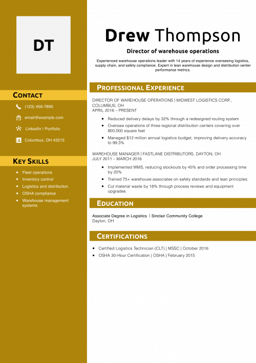 Director of warehouse operations resume example 