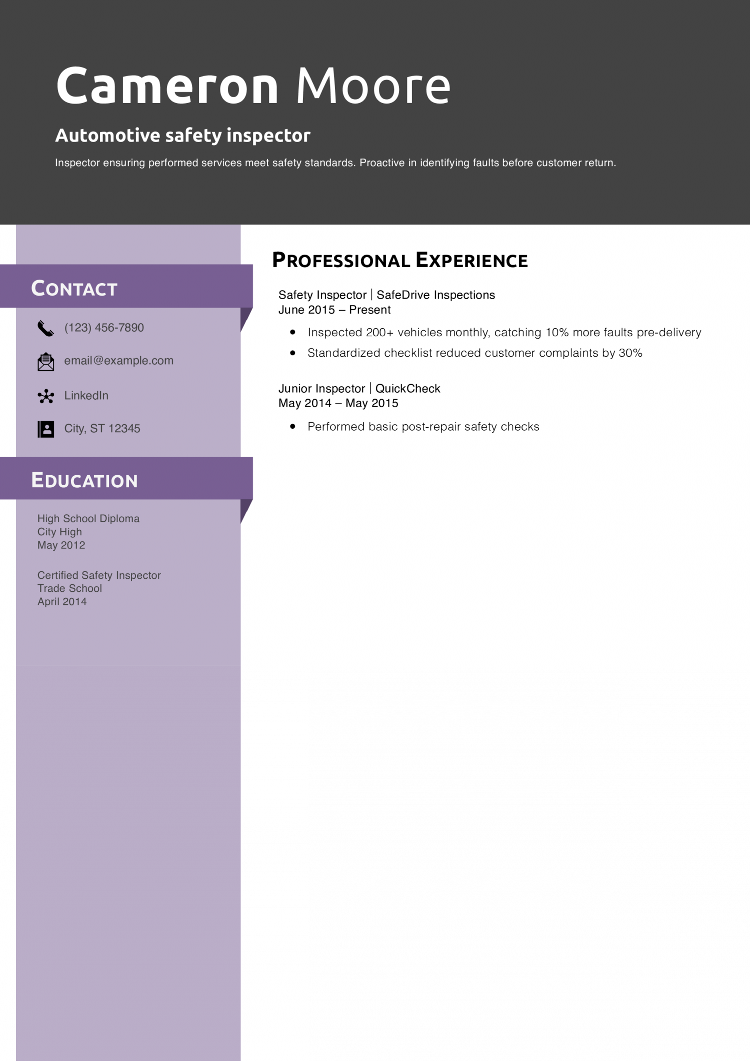 Automotive safety inspector resume example