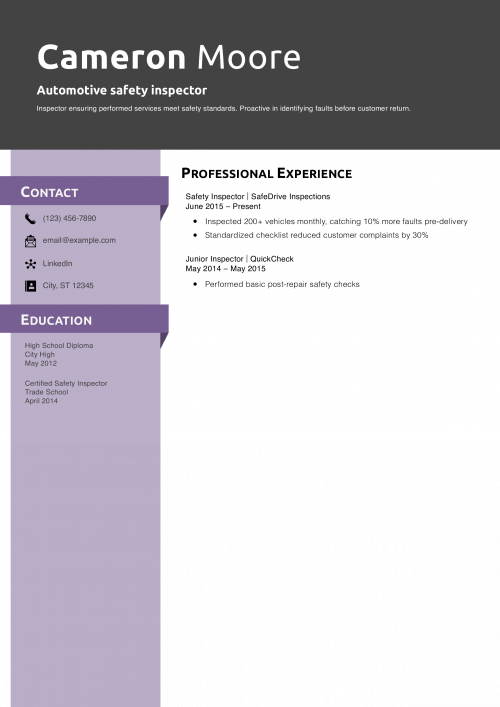 Automotive safety inspector resume example