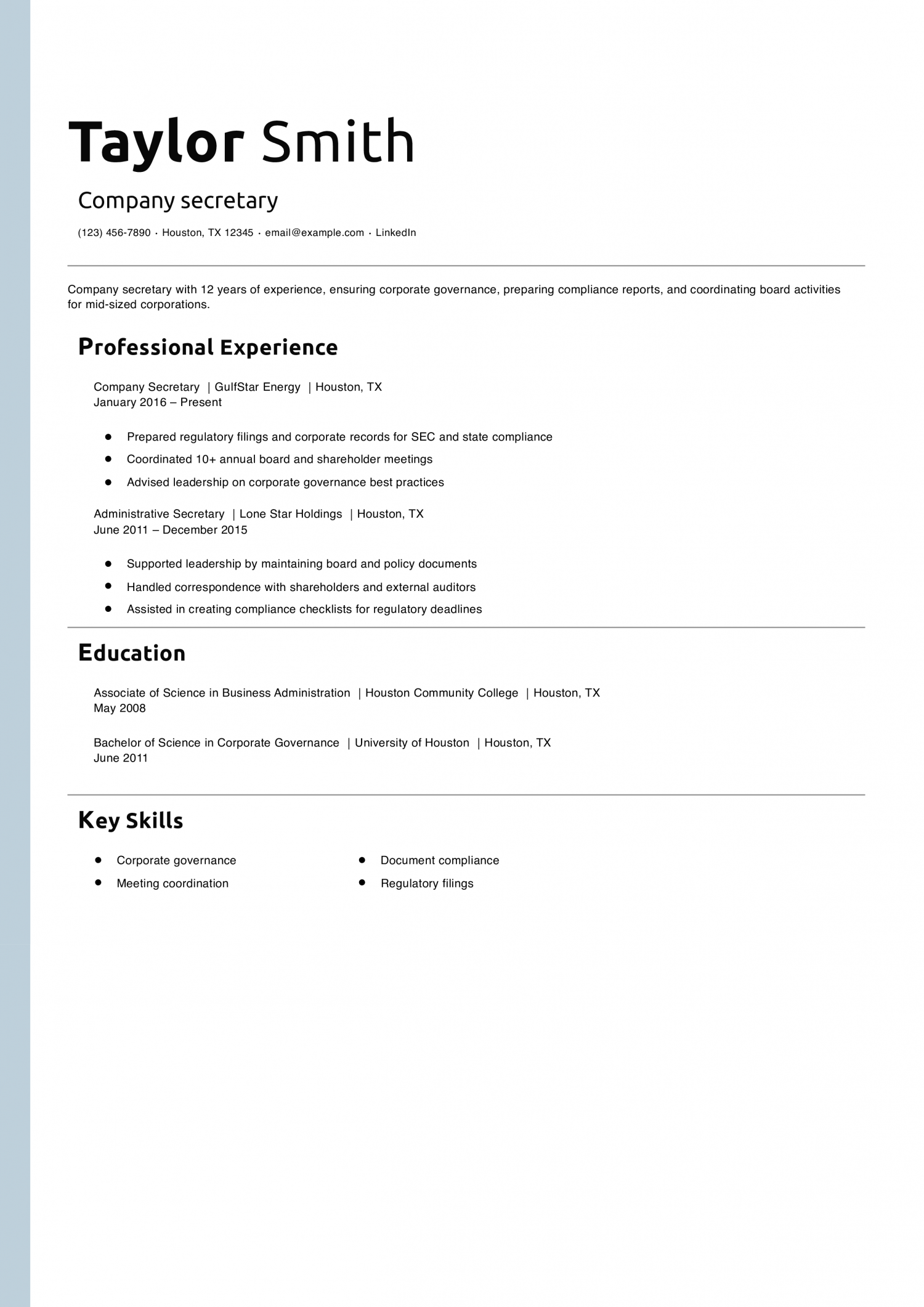 Company secretary resume example