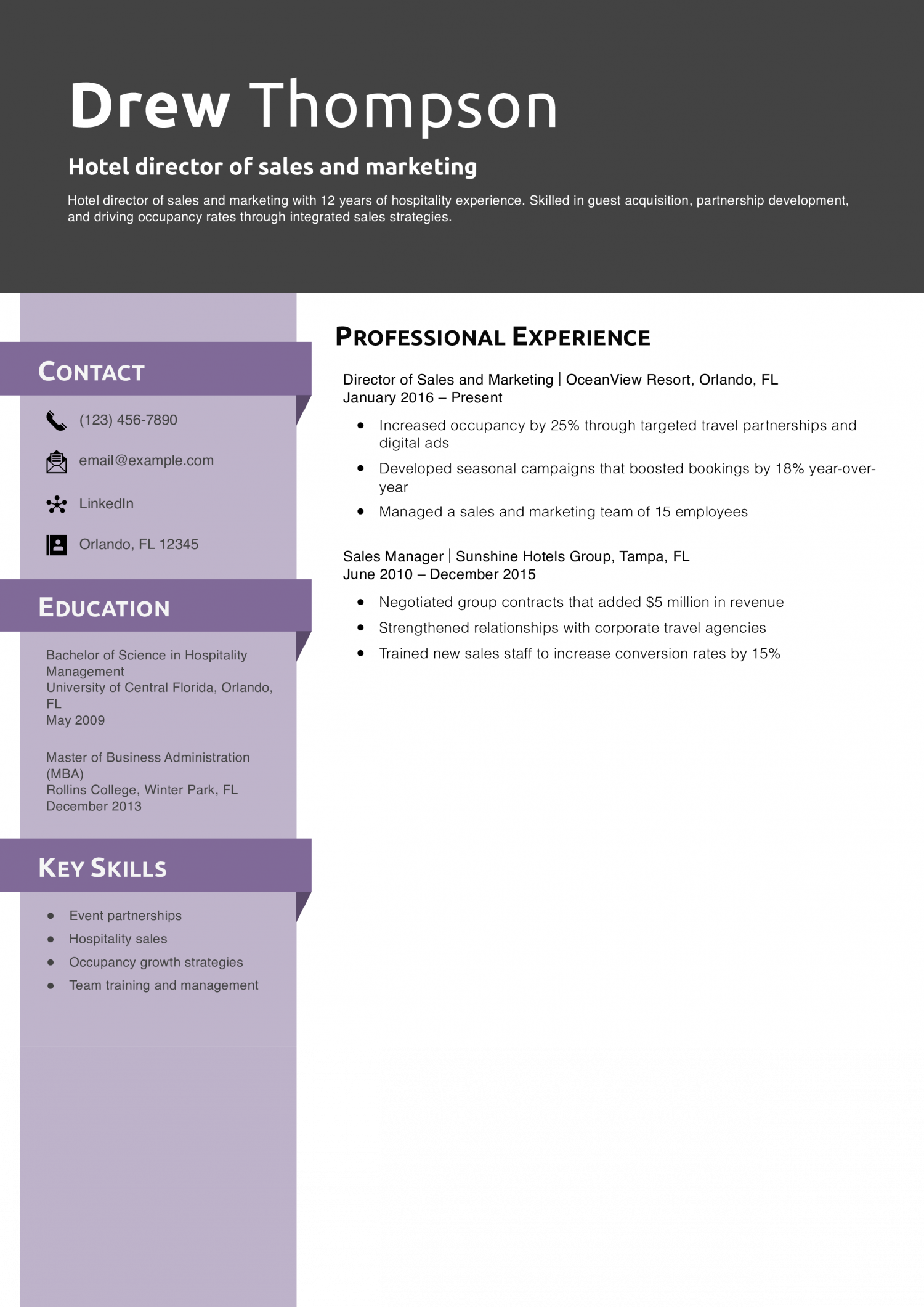 Hotel director of sales and marketing resume example