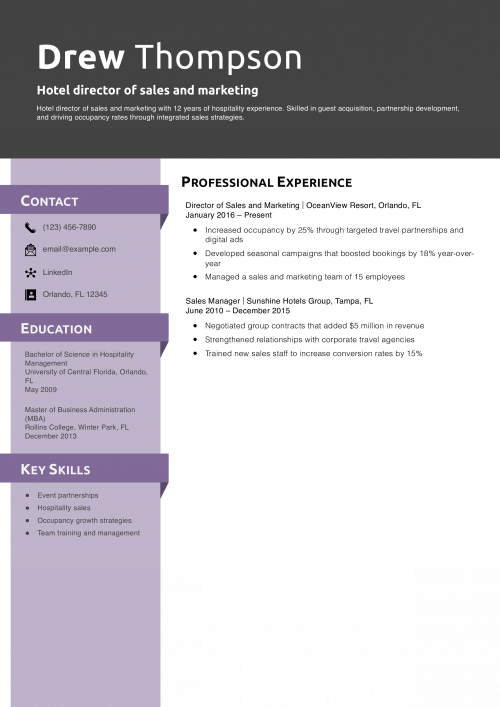 Hotel director of sales and marketing resume example