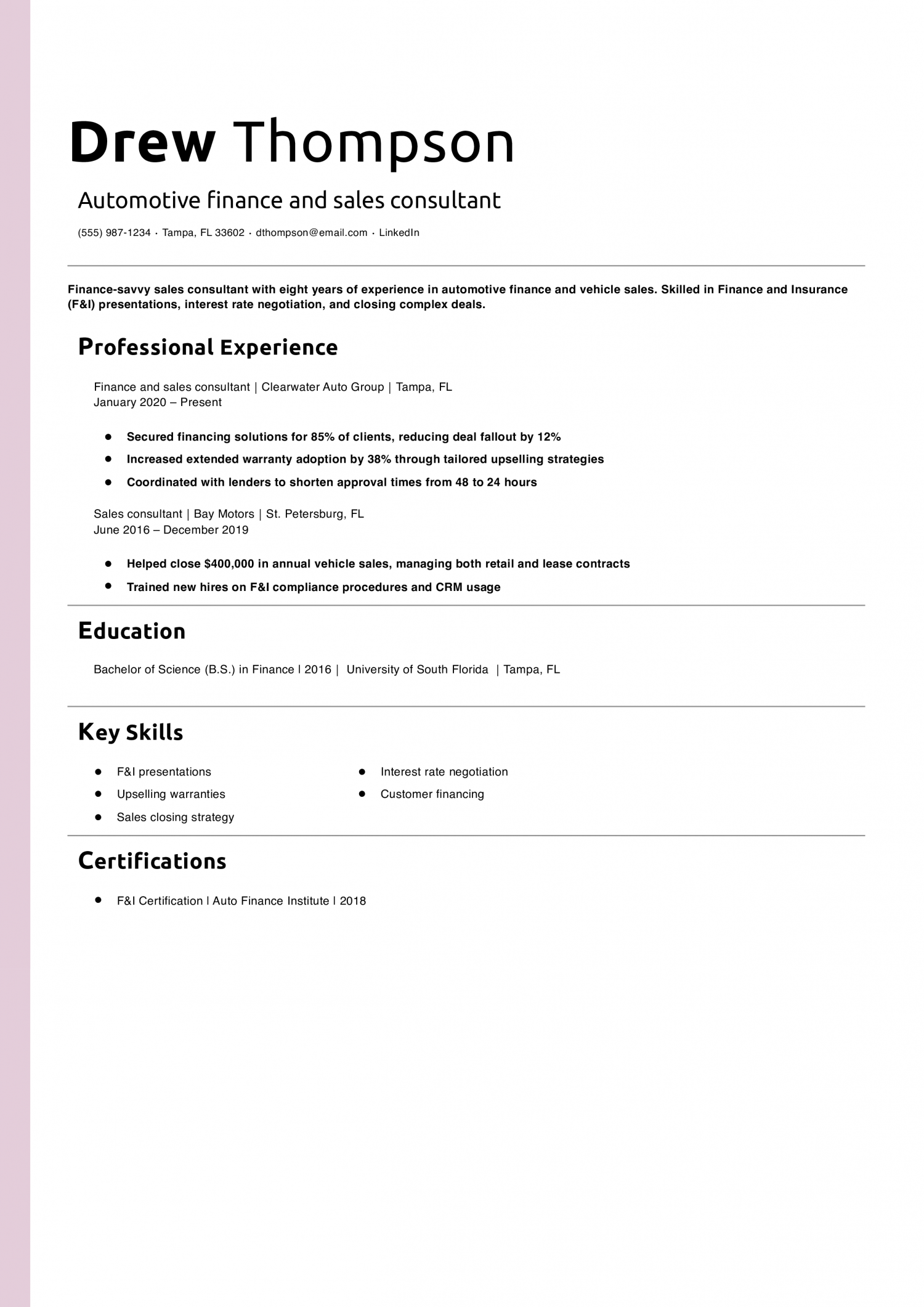 Automotive finance and sales consultant resume example