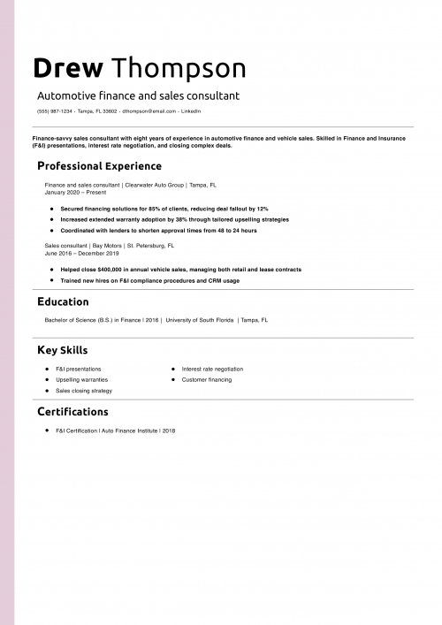 Automotive finance and sales consultant resume example