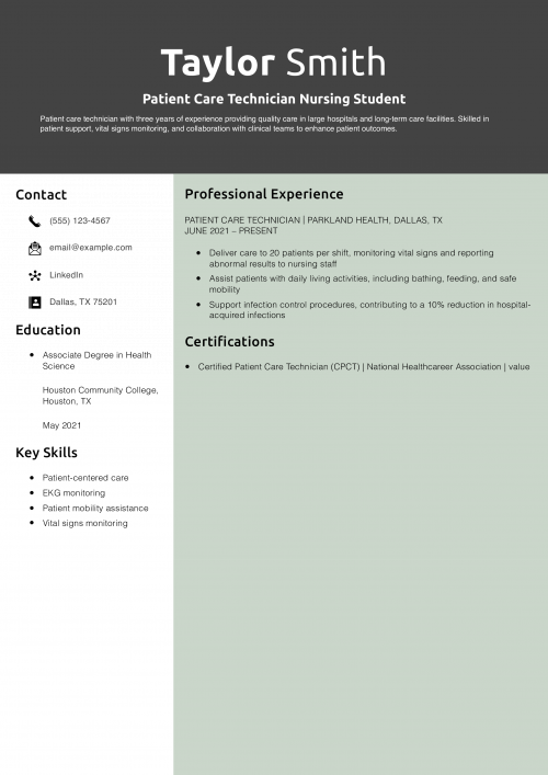 Patient Care Technician Nursing Student Resume Example
