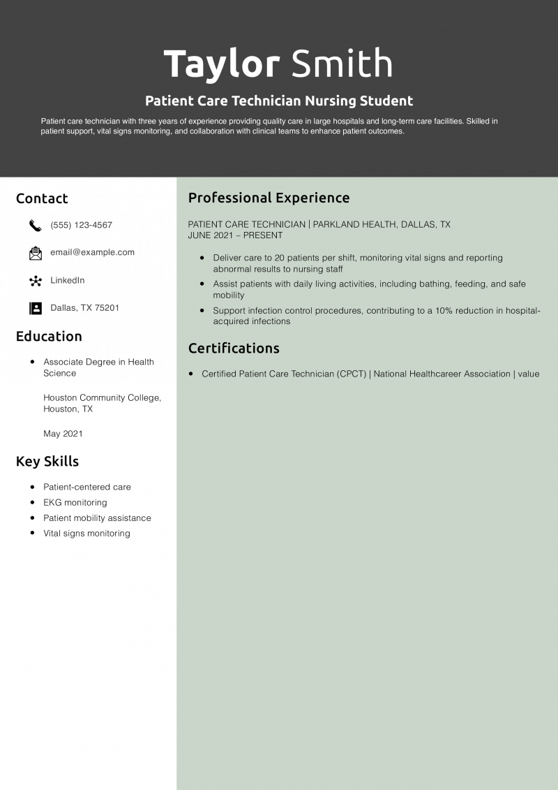 Patient Care Technician Nursing Student Resume Example