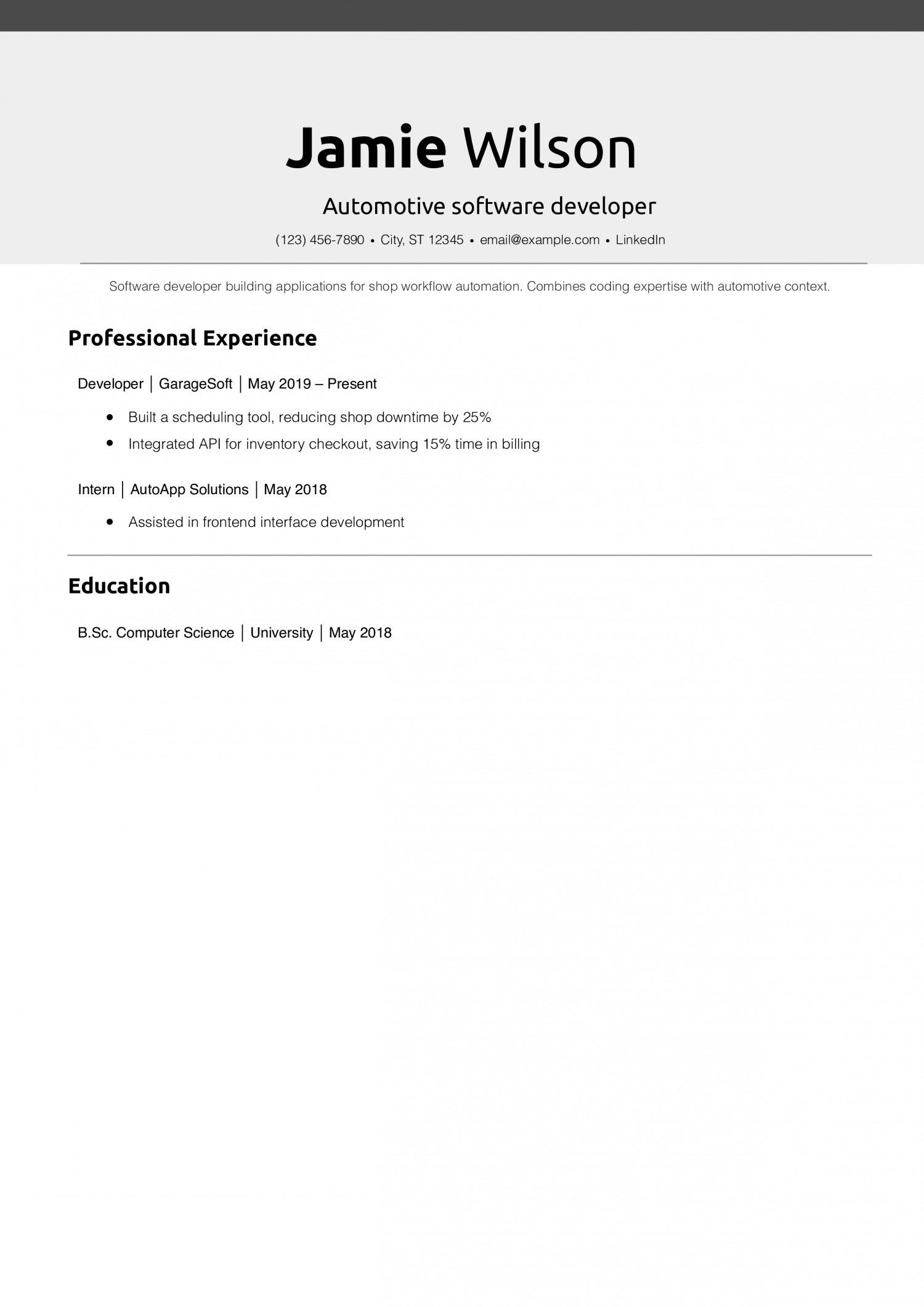 Automotive software developer resume example