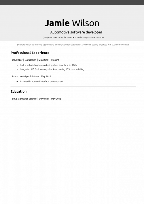 Automotive software developer resume example