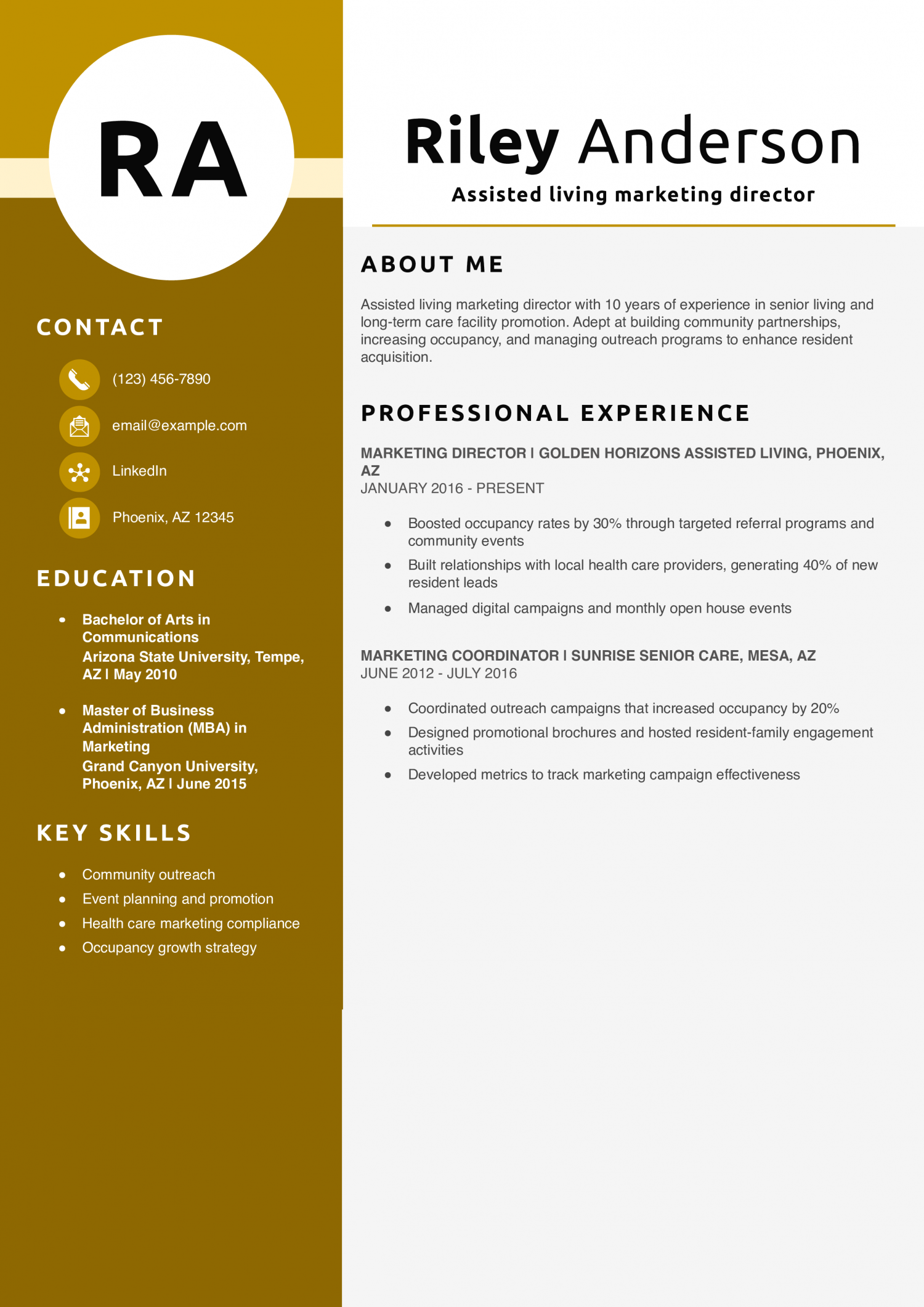 Assisted living marketing director resume example