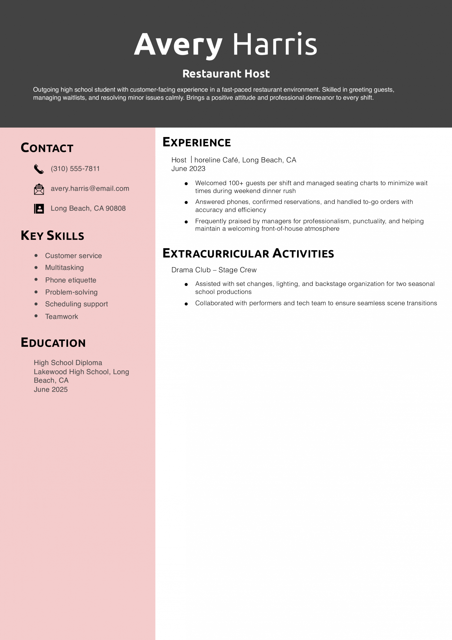 Teenager Resume Example – Restaurant Host